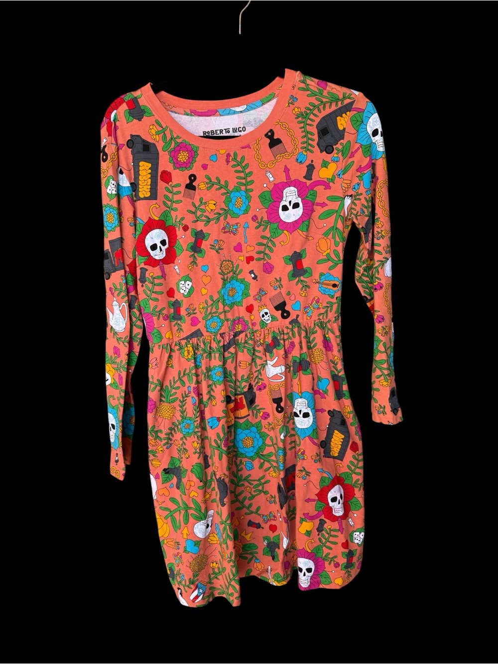 Roberto Lugo Orange Floral & Skull Long-Sleeve Dress - Picture 2 of 5